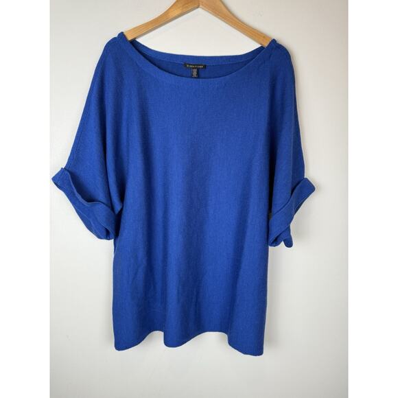 Eileen Fisher 100% Merino Wool Short Sleeve Blue Tunic Sweater Sz XL - Picture 1 of 7